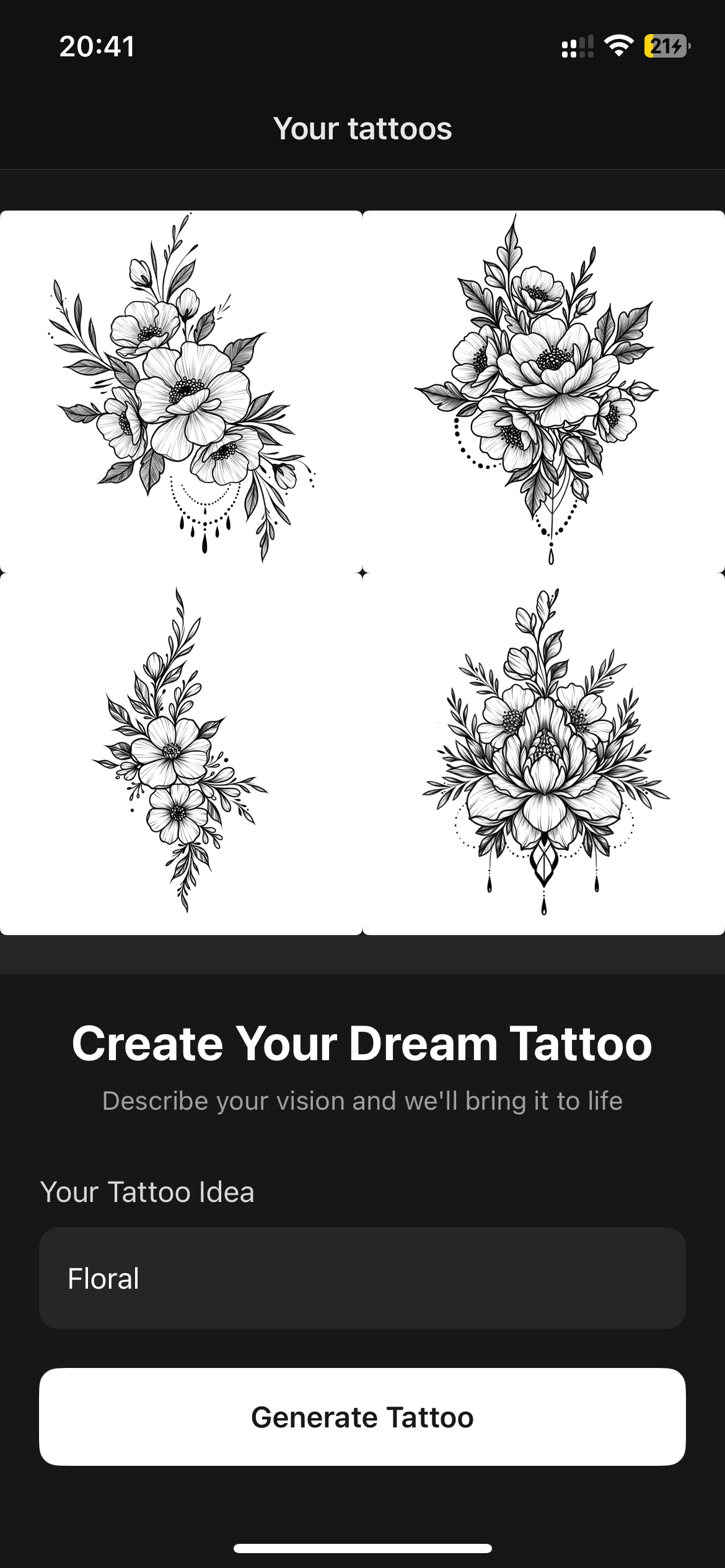 inkr app generating four fine line floral AI tattoo designs from the text prompt 'Floral'