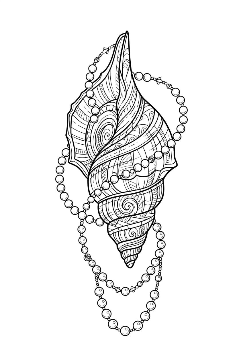 spiral seashell with a strand of pearls