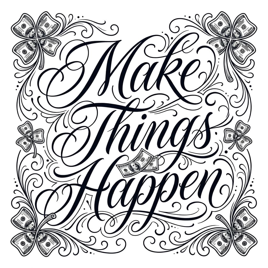 The phrase "Make Things Happen " in calligraphy script font