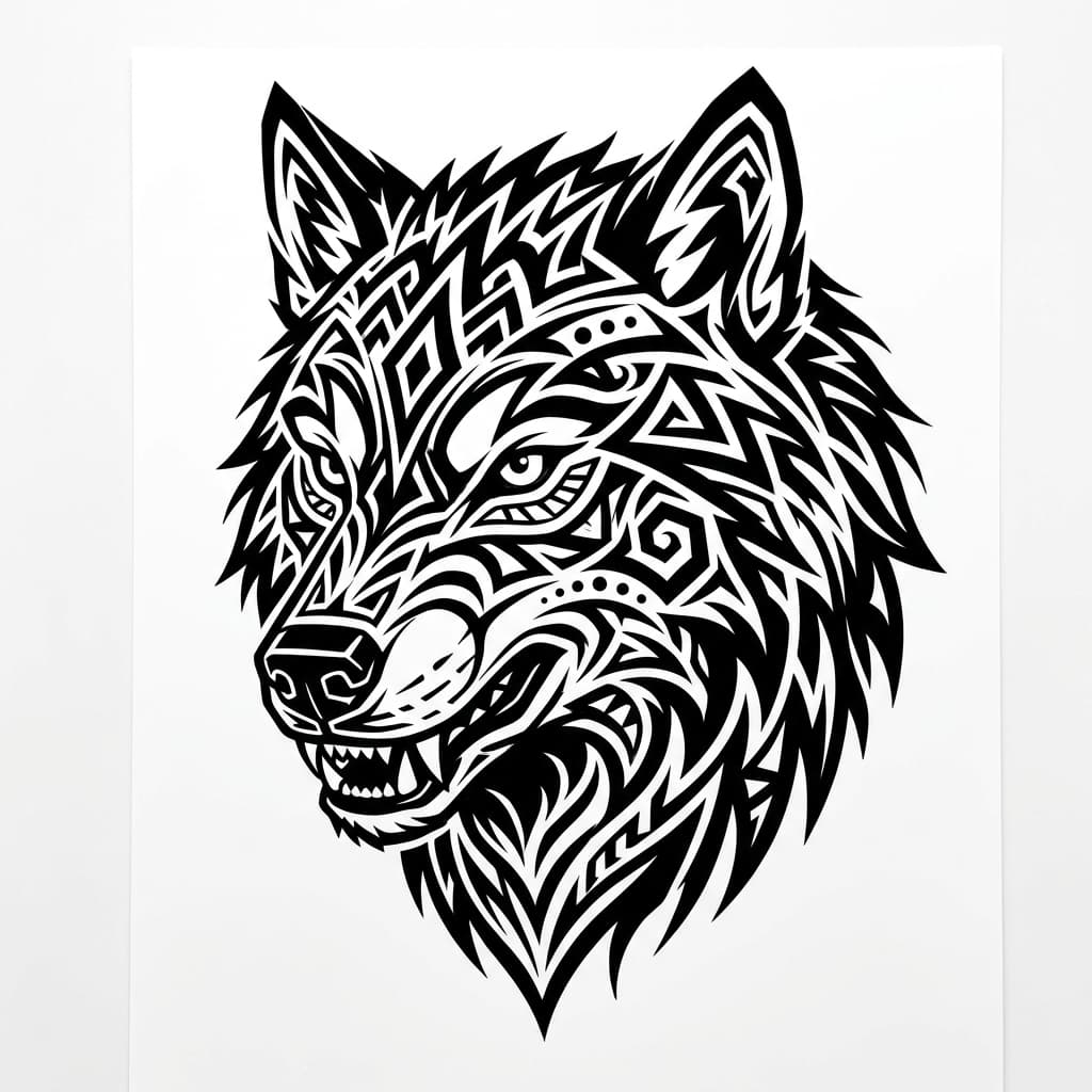 A geometric wolf head made with bold black shapes