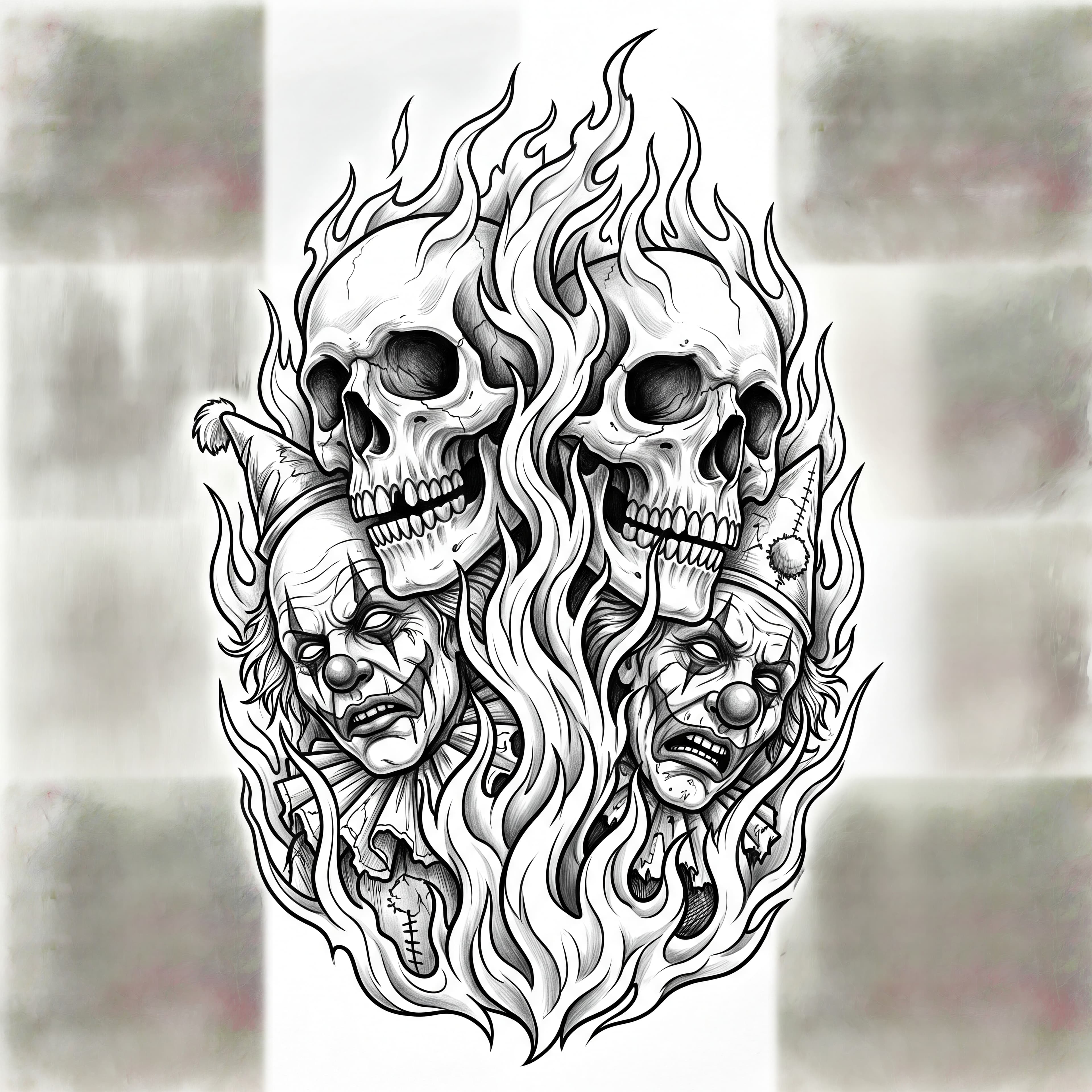 Flames with skulls and dead clowns behind the flames