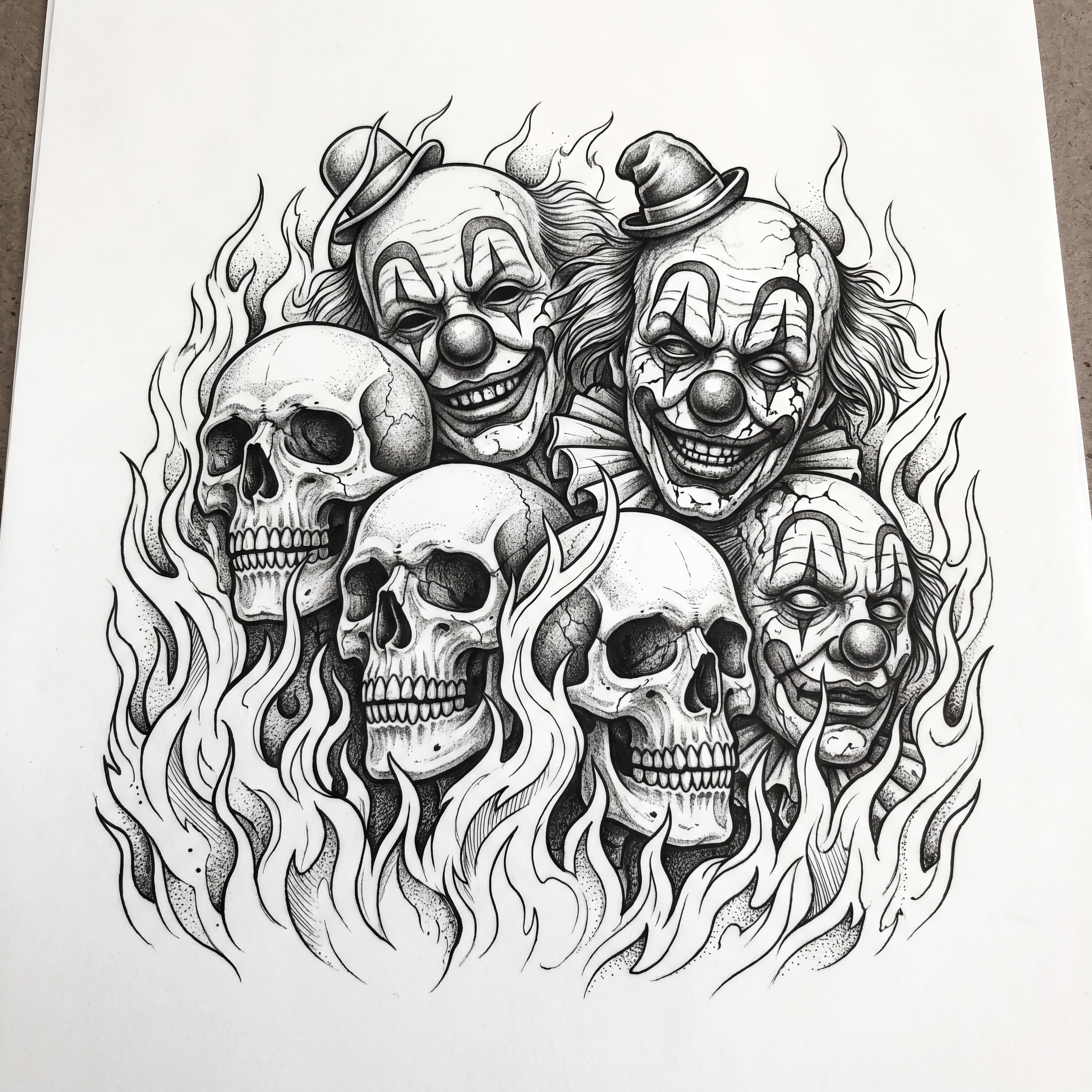 Flames with skulls and dead clowns behind the flames — alternate version