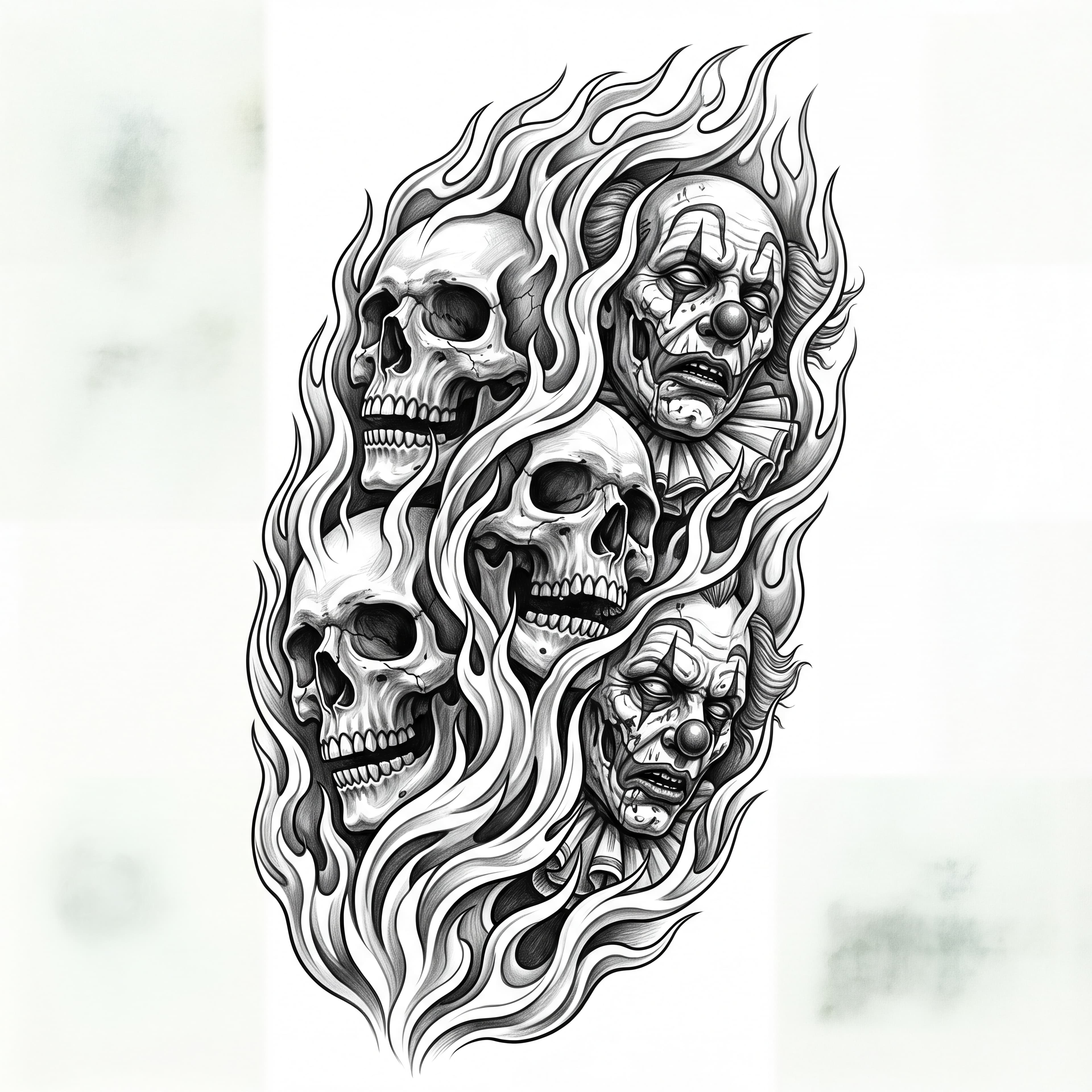 Flames with skulls and dead clowns behind the flames — alternate version