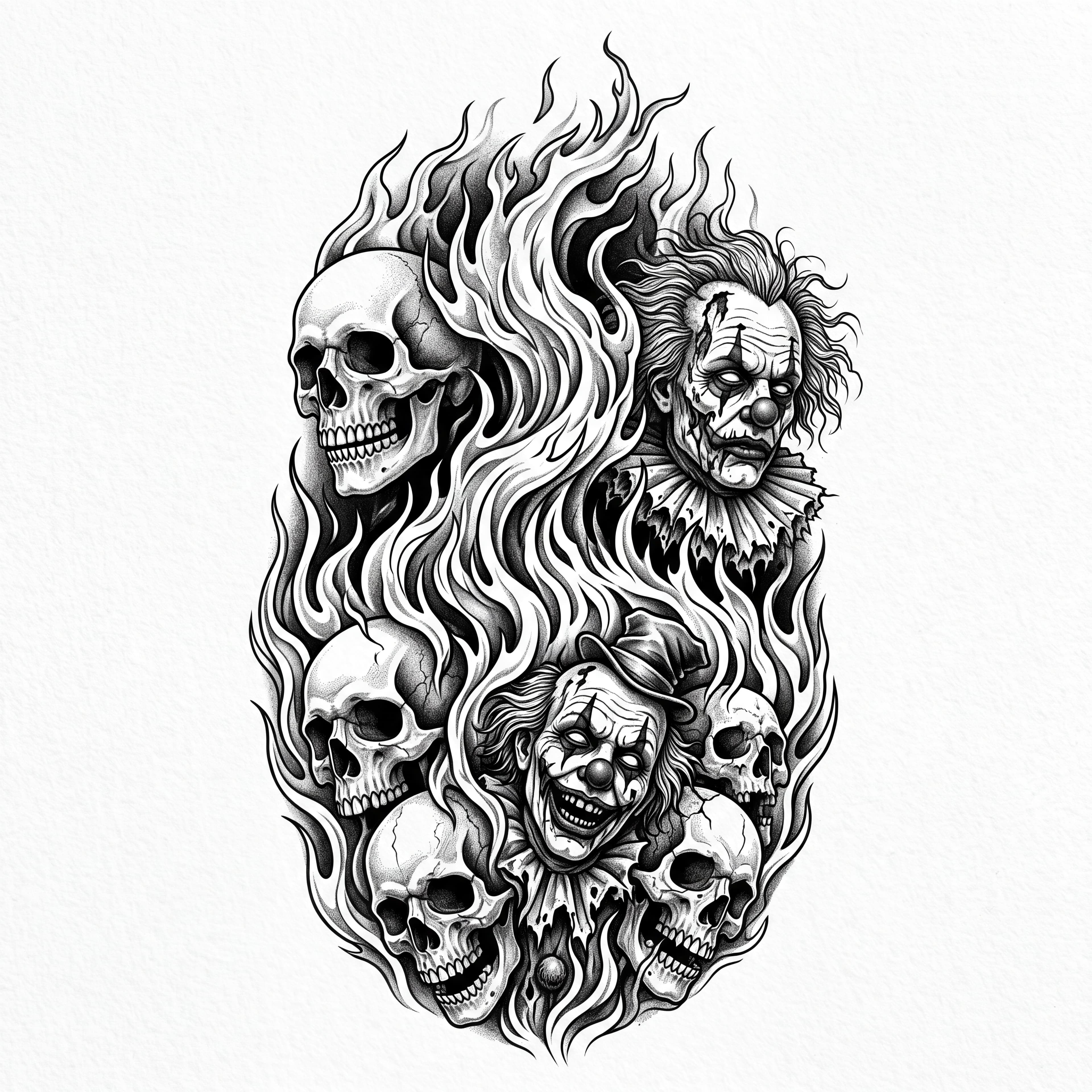 Flames with skulls and dead clowns behind the flames — alternate version