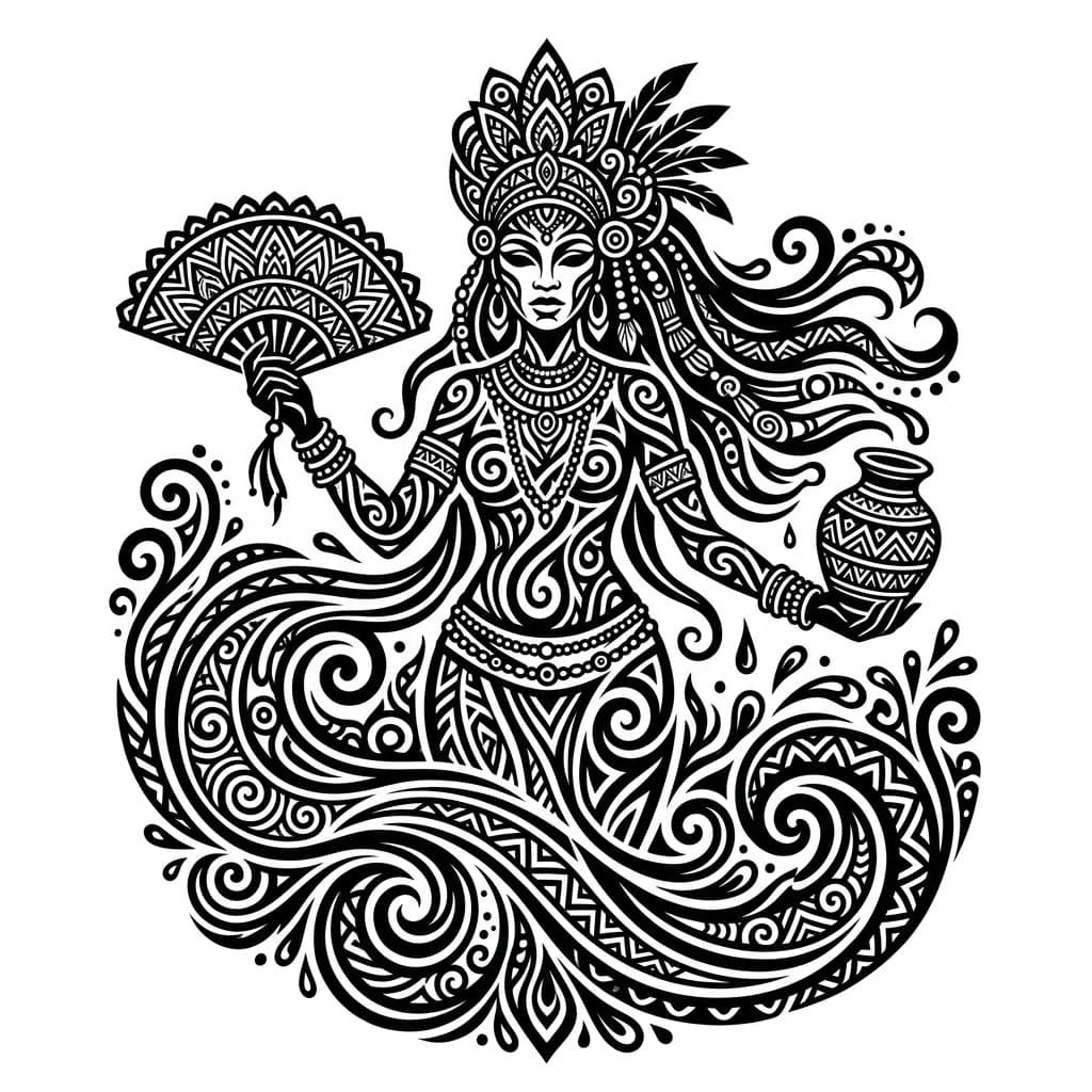 Tatuaje de la orisha oshun con sus accessories que la distinguen como disable de los rios y la dulzura