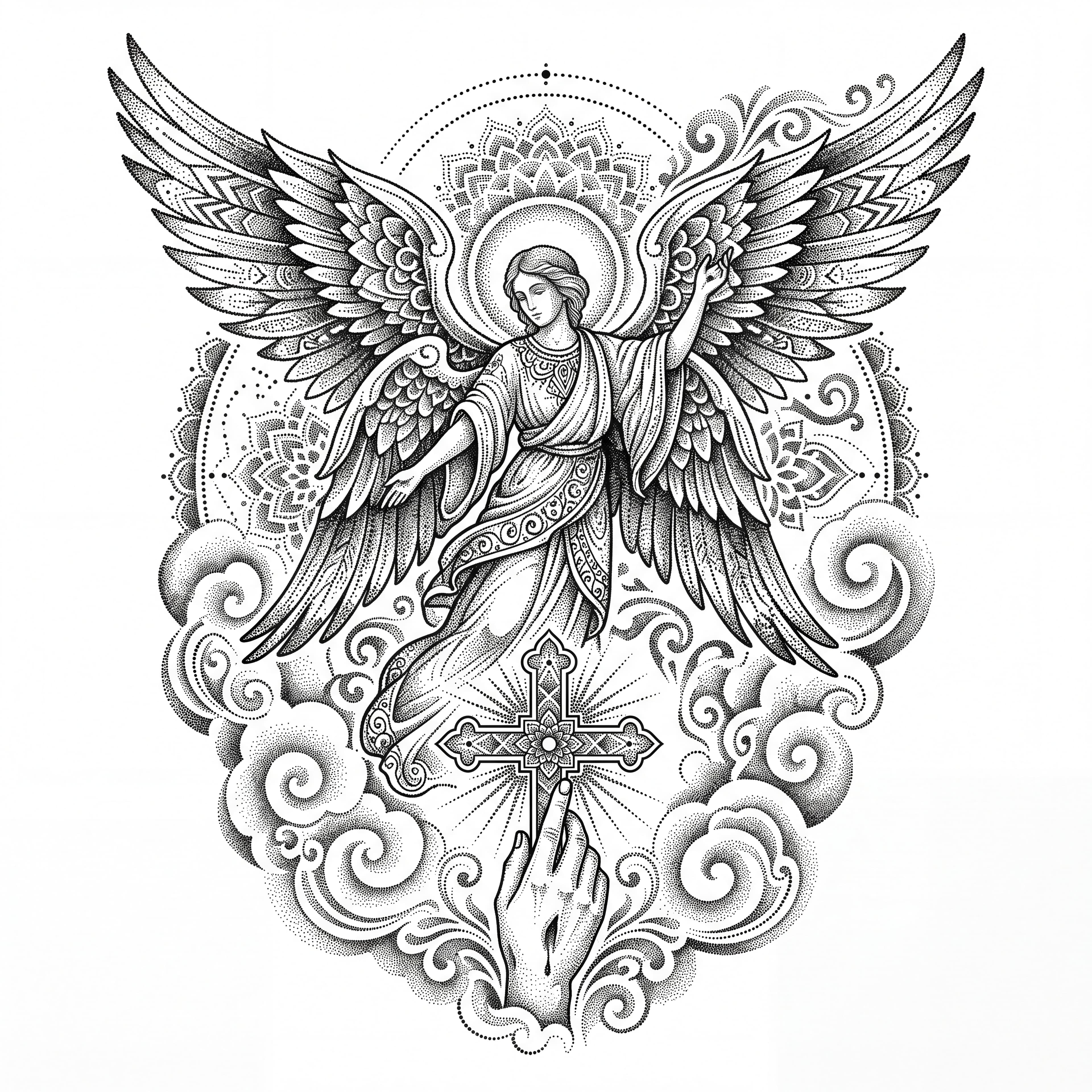 An angel or a serafim angel with clouds and wings ,a hand of jesus ,with a cross — alternate version