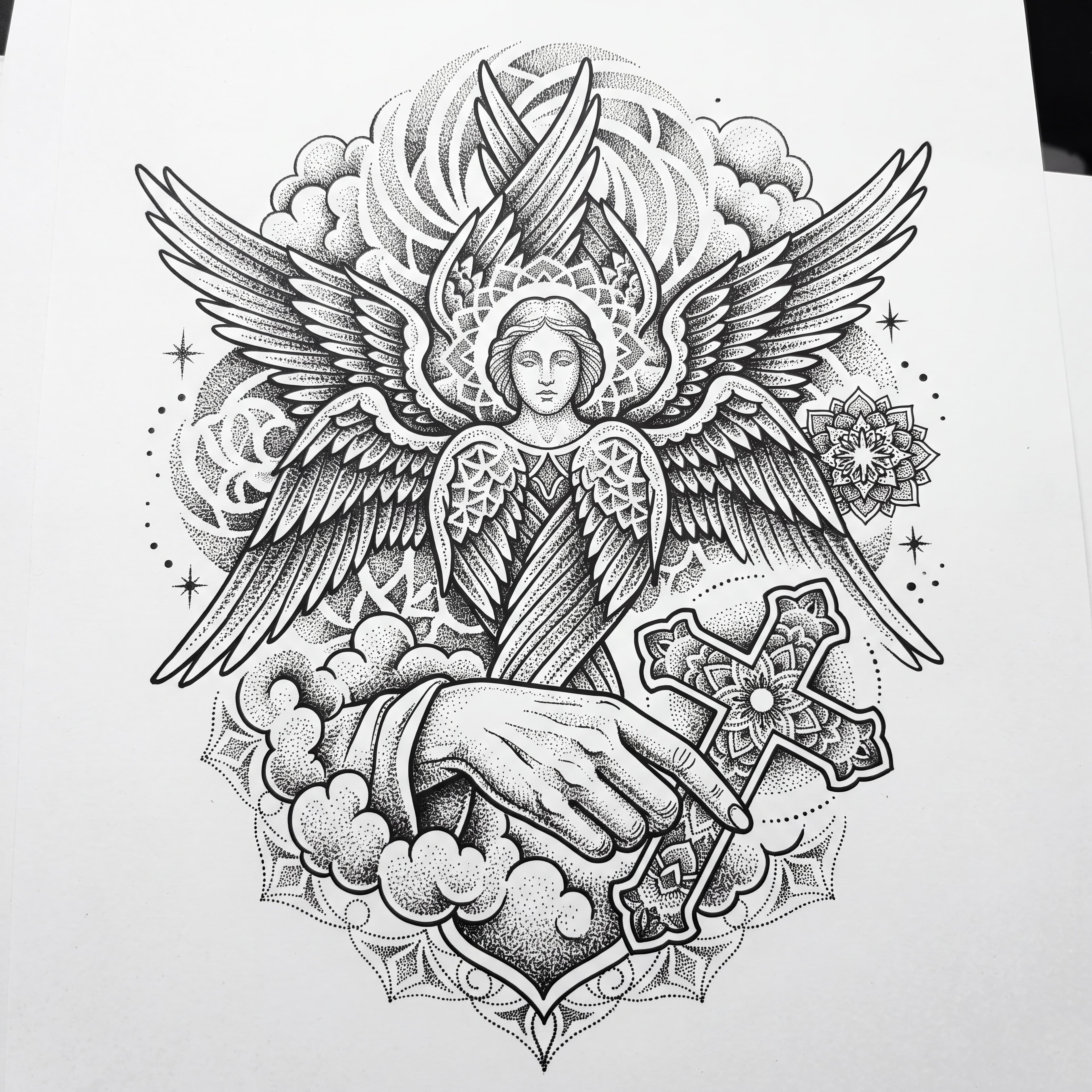 An angel or a serafim angel with clouds and wings ,a hand of jesus ,with a cross