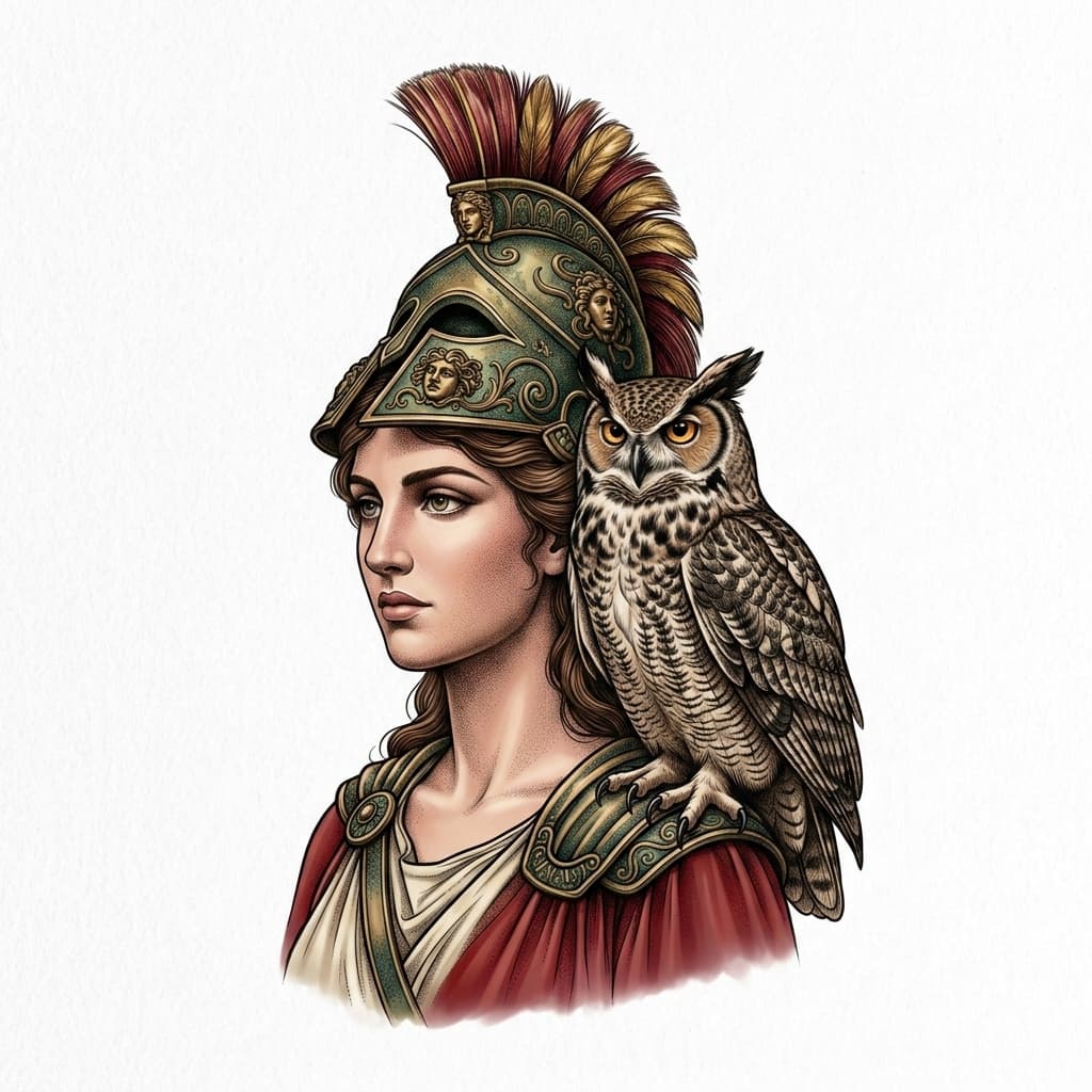 A wise owl resting on Athena's' shoulder