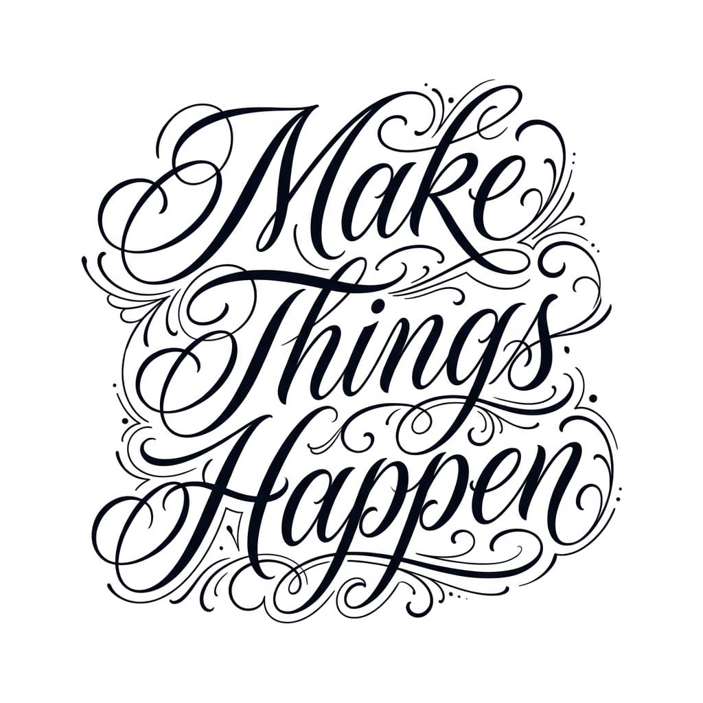 The phrase "Make Things Happen " in calligraphy script font