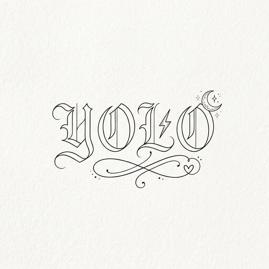 YOLO with Old English letters kind of sleek not thick and bold and make it fun